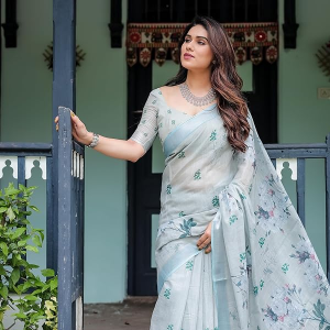 Cotton Floral Printed Grey & Blue Saree