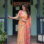 store Linen Cotton Floral Printed Peach Saree
