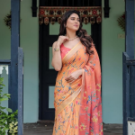 store Linen Cotton Floral Printed Peach Saree