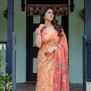 store Linen Cotton Floral Printed Peach Saree