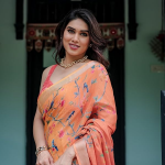 store Linen Cotton Floral Printed Peach Saree