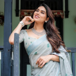 Cotton Floral Printed Grey & Blue Saree