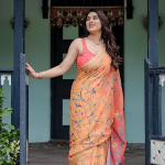 store Linen Cotton Floral Printed Peach Saree