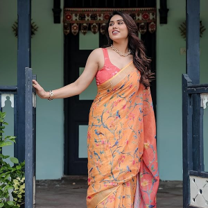 store Linen Cotton Floral Printed Peach Saree